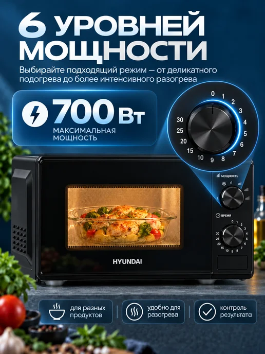 HYUNDAI Микроволновка маленькая для разогрева HYM-M2045 20 л черная, 20 л, фото 5