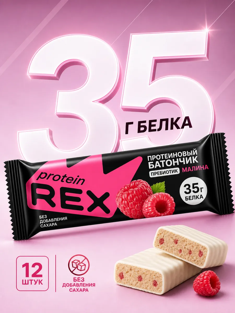 Протеиновые батончики без сахара, STRONG, малина 12 шт