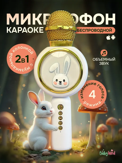 Baby Land Brand Детский микрофон караоке беспроводной Зайка, розовый