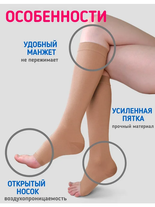 центр компресс Гольфы компрессионные 2 класс открытый носок медицинские ант…, бежевый, фото 2