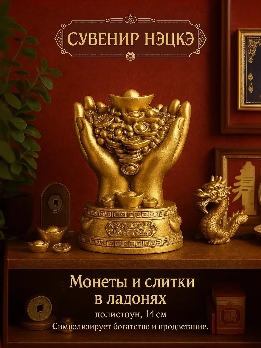 Сувенир нэцкэ под бронзу Монеты и слитки в ладонях