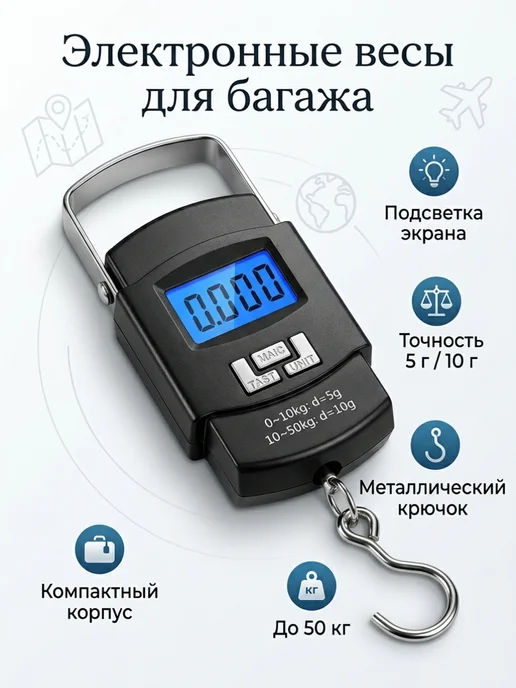 Весы кухонные электронные для багажа безмен, черный, фото 2