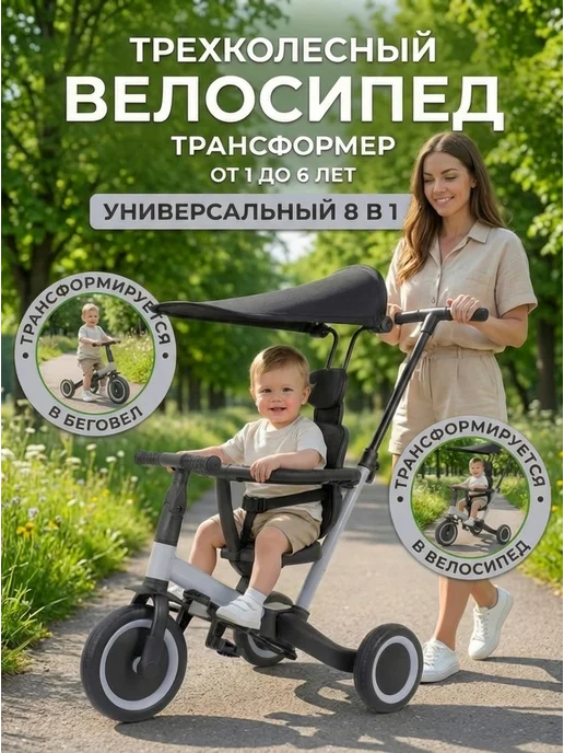R-Wings Детский беговел-велосипед с крышей и ручкой - TR008C-GREY, серый