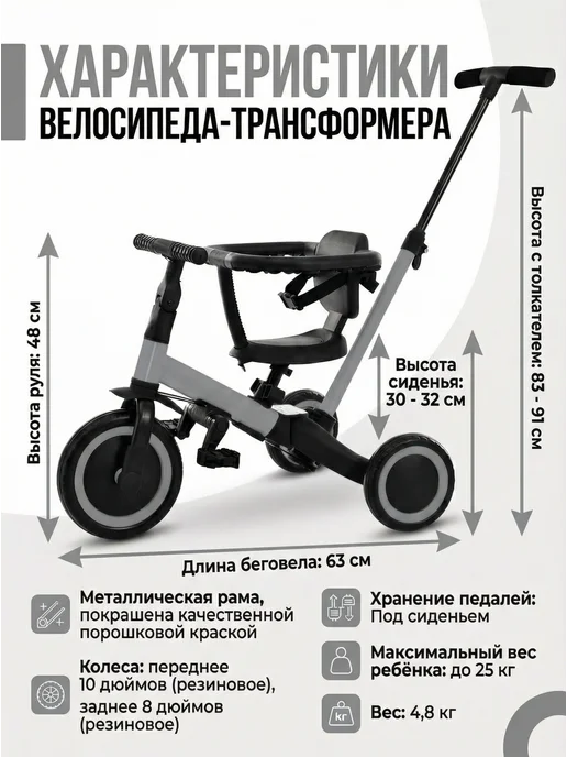R-Wings Детский беговел-велосипед с крышей и ручкой - TR008C-GREY, серый, фото 3