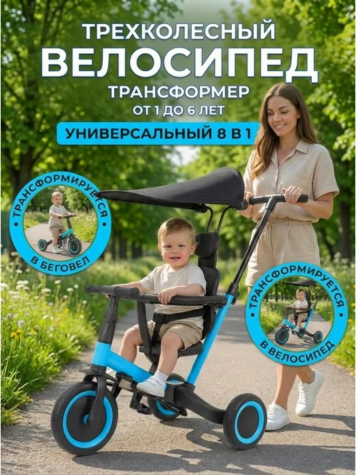 R-Wings Детский беговел-велосипед с крышей и ручкой - TR008C-BLUE, синий