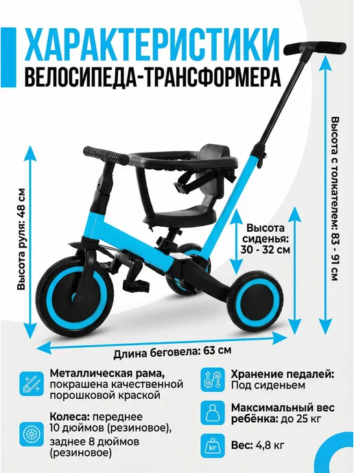 R-Wings Детский беговел-велосипед с крышей и ручкой - TR008C-BLUE, синий, фото 3
