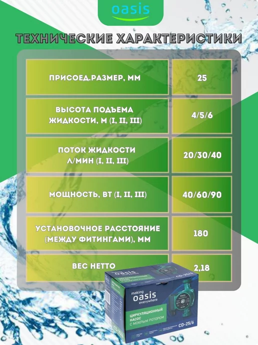 Oasis Циркуляционный насос для отопления 25 6-180, вариант, фото 5