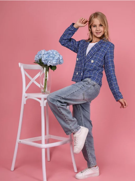 ADEMI WEAR подростки Пиджак жакет твидовый в клетку подростковый, синий, фото 2
