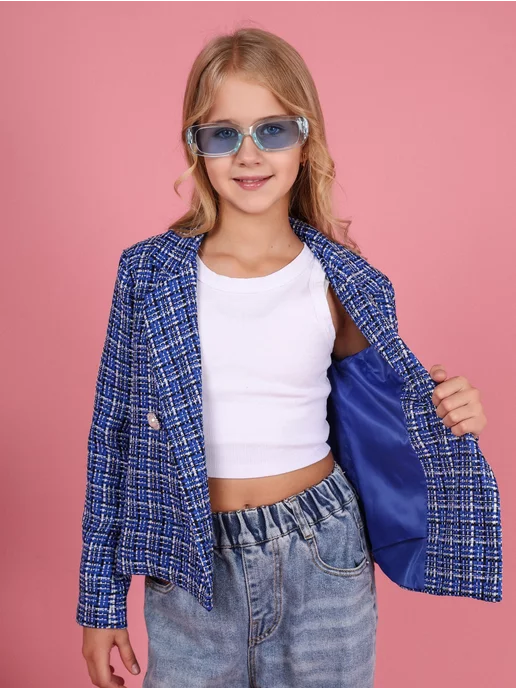 ADEMI WEAR подростки Пиджак жакет твидовый в клетку подростковый, синий, фото 3