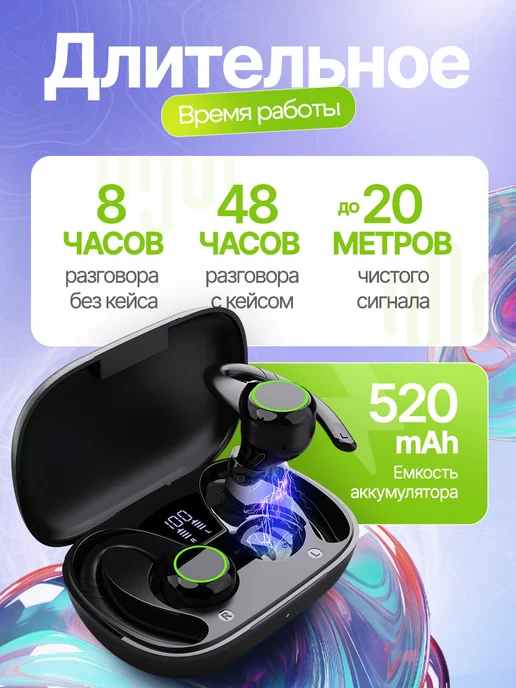 Techno&Top Гарнитура беспроводная блютуз с шумоподавлением, черный, фото 2