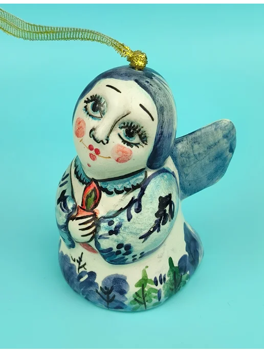 Ceramic Fauna Фарфоровый колокольчик Ангел со свечой, синий, фото 2