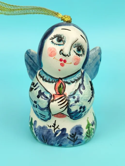 Ceramic Fauna Фарфоровый колокольчик Ангел со свечой, синий, фото 3