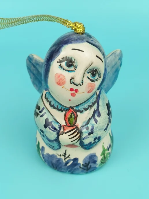 Ceramic Fauna Фарфоровый колокольчик Ангел со свечой, синий, фото 4