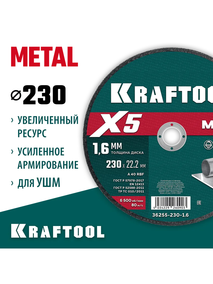Отрезной диск для УШМ 230x1.6мм по металлу 36255-230-1.6