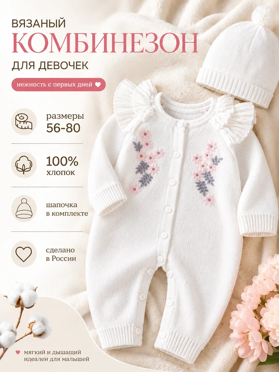 Вязаный комбинезон для новорожденных комплект на выписку