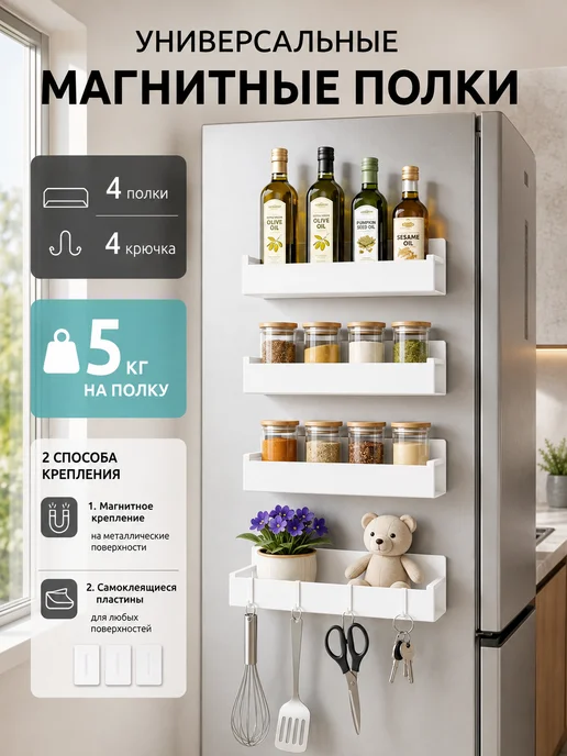 Silvers place Магнитная полка на холодильник белая 2шт, 4 шт