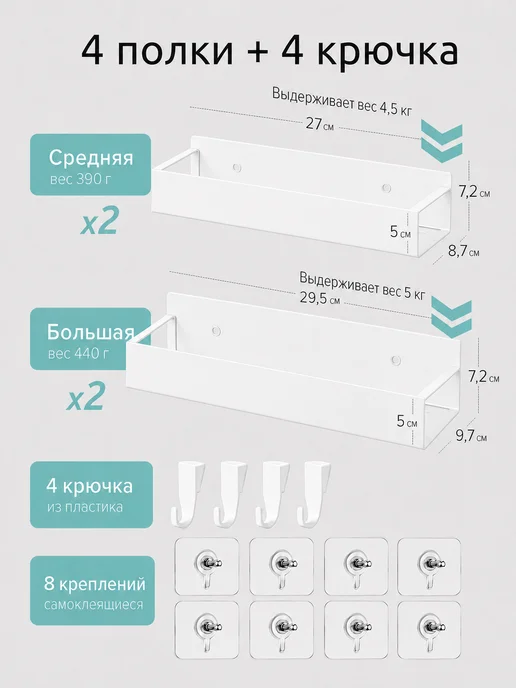 Silvers place Магнитная полка на холодильник белая 2шт, 4 шт, фото 4