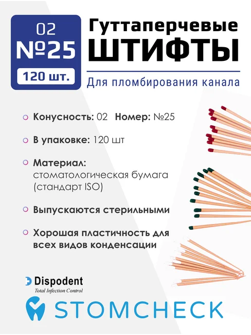 Dispodent Гуттаперчевые штифты 02 №15 для пломбирования каналов, №25, фото 2