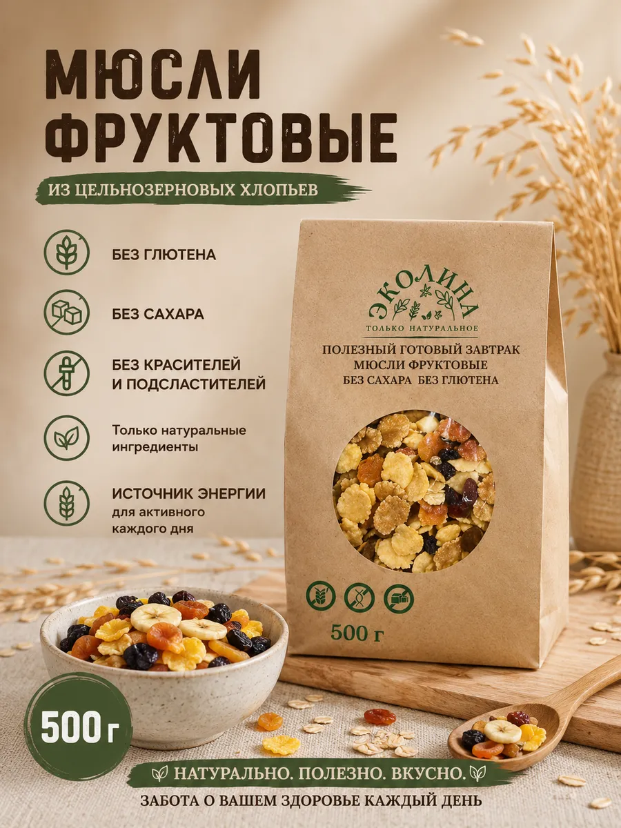 Мюсли фруктовые без глютена и без сахара. 500 г "Эколина"