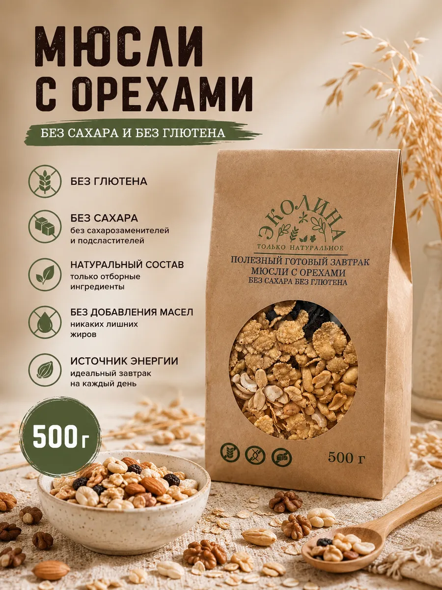Мюсли с орехами без глютена и без сахара. 500 г
