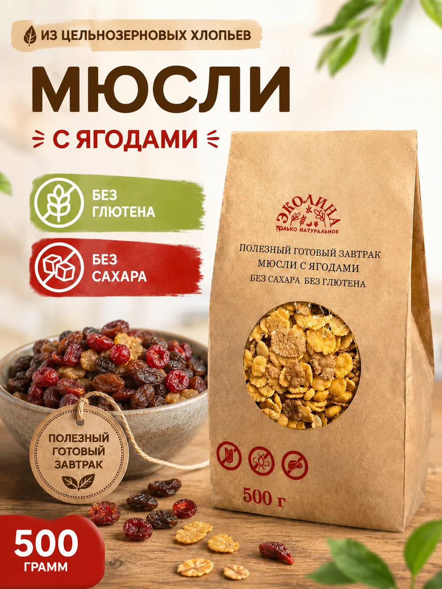 Мюсли с ягодами без глютена и без сахара. 500 г "Эколина"