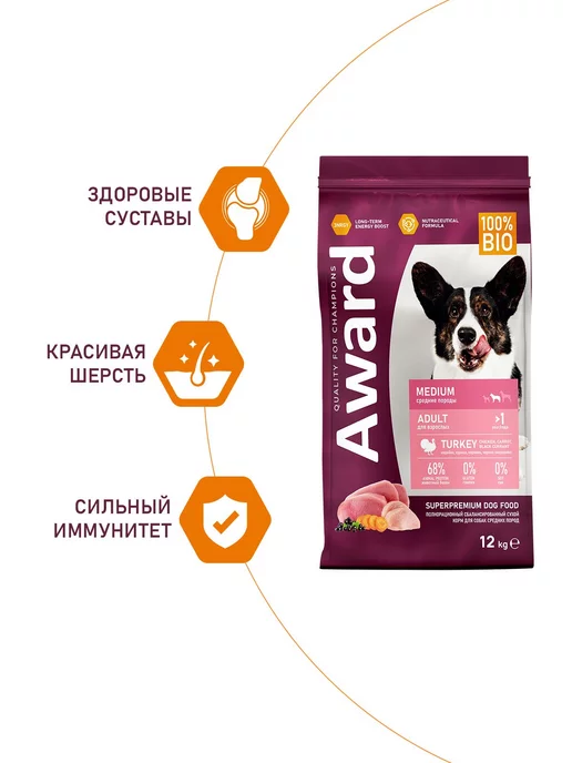 Сухой корм AWARD для собак, средние, индейка, 12 кг, фото 4