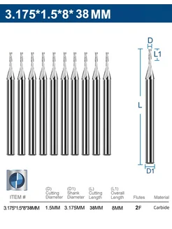 Набор фрез концевых двухзаходных 3.175х1.5х8х38 мм, 10 шт