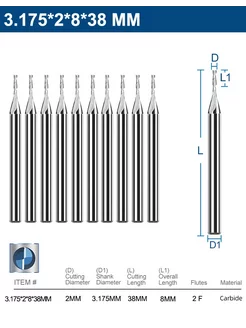 Набор фрез концевых двухзаходных 3,175х2х8х38 мм, 10 шт