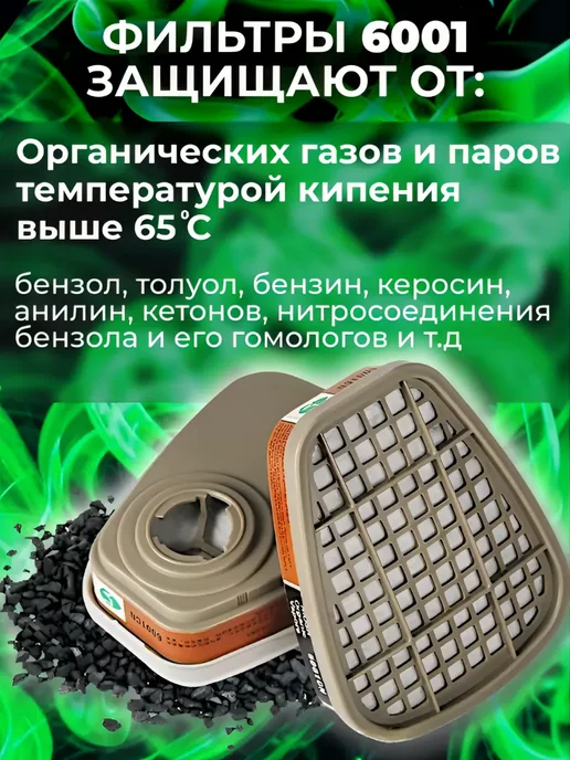 Угольный фильтр для респиратора 6001, 2 шт, фото 2