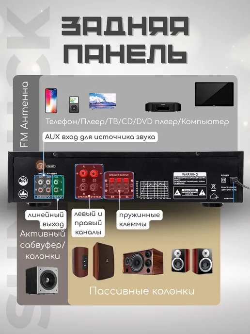 Sunbuck Усилитель звука для колонок домашний для сабвуфера AV-555BT, вариант, фото 2