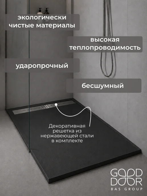 GOOD DOOR BAS GROUP Поддон для душа 100х80 из искусственного камня Saturn черный, черный, фото 2