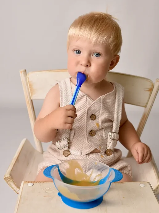 Be baby Тарелка детская на присоске силиконовая с ложечкой, синий, фото 7
