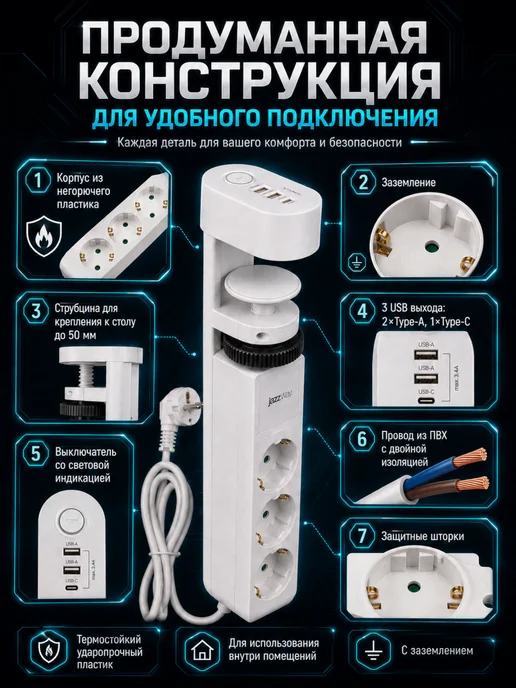 Jazzway Удлинитель с заземлением и выключением USB порты, белый, фото 2