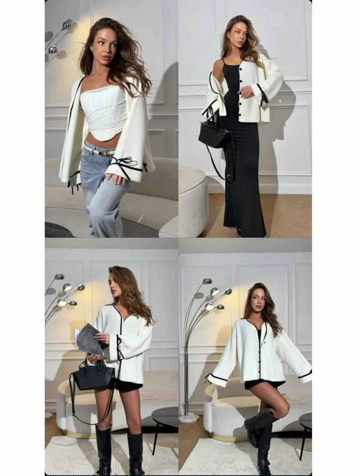 mr. Mirai clothing brand Кардиган укороченный нарядный объемный с бантиками оверсайз, белый, фото 5