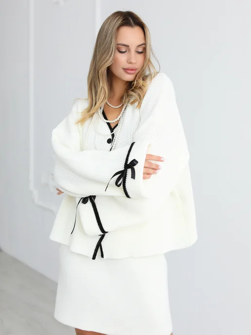 mr. Mirai clothing brand Кардиган укороченный нарядный объемный с бантиками оверсайз, белый, фото 6