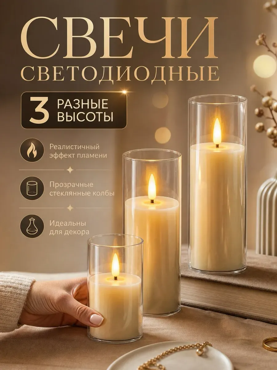 Свечи интерьерные для декора на батарейках светодиодные