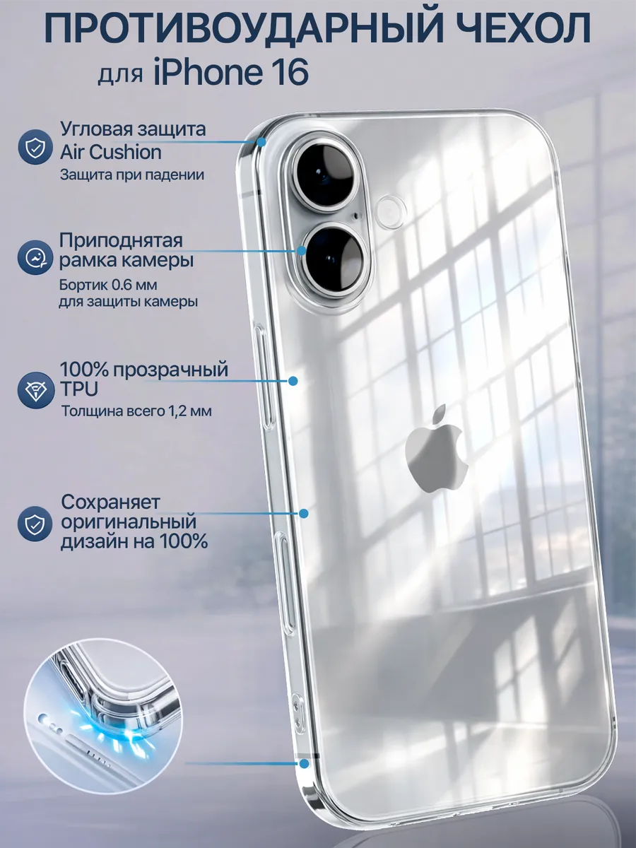 Чехол на iPhone 16 прозрачный силиконовый защита камеры