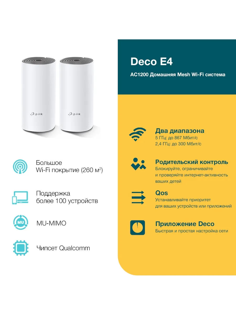 Домашняя Mesh Wi-Fi система AC1200 Deco E4 (2-pack)