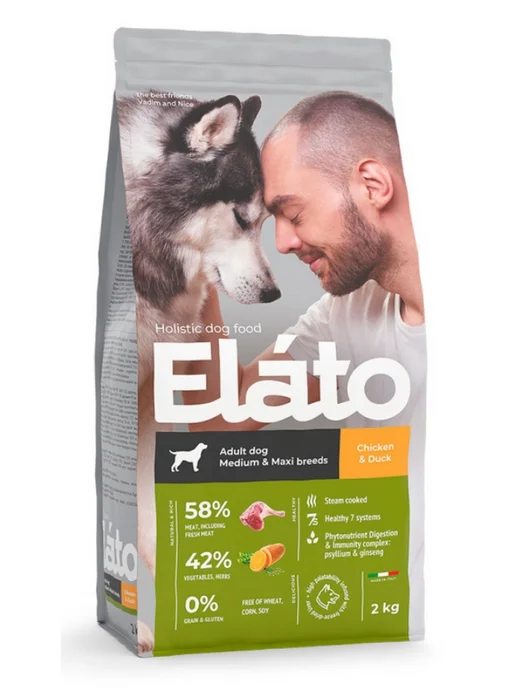 Сухой корм Elato для собак, крупные, средние, курица, утка, 2 кг