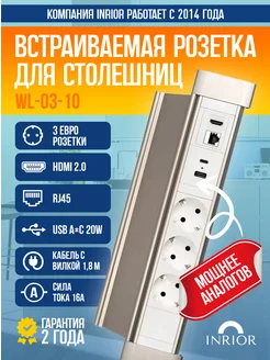 Встраиваемая розетка для столешницы USB, HDMI, RJ45, врезная INRIOR 269957909 купить за 5 619 ₽ в интернет-магазине Wildberries