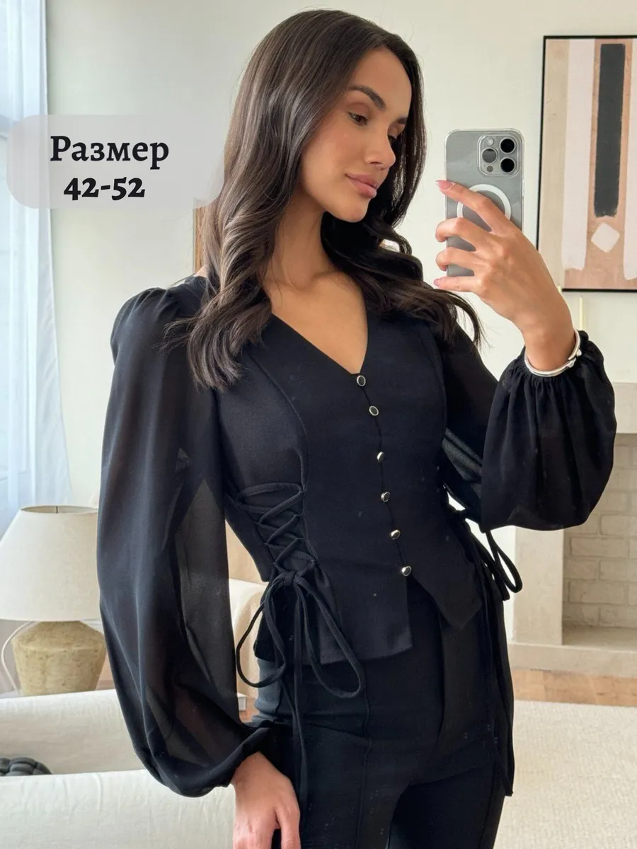 Блузка нарядная с завязками по бокам MeriShop. Цвет черный.