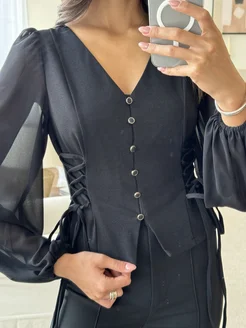 Блузка нарядная с завязками по бокам MeriShop. Цвет черный. Вид 3.