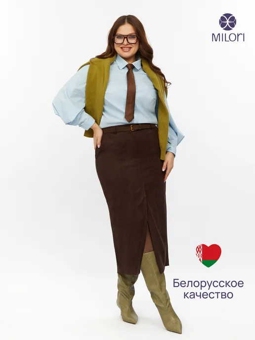 MILORI Юбка длинная миди офисная коричневая больших размеров осень, коричневый, фото 5