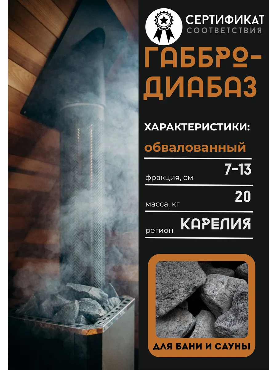 Камни для бани и сауны Габбро-диабаз обвалованный 20 кг