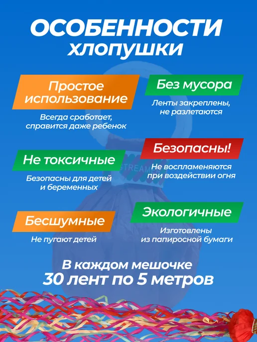 ARS Хлопушка серпантин бумажный длинный для праздника 5 шт, 5 шт, фото 2