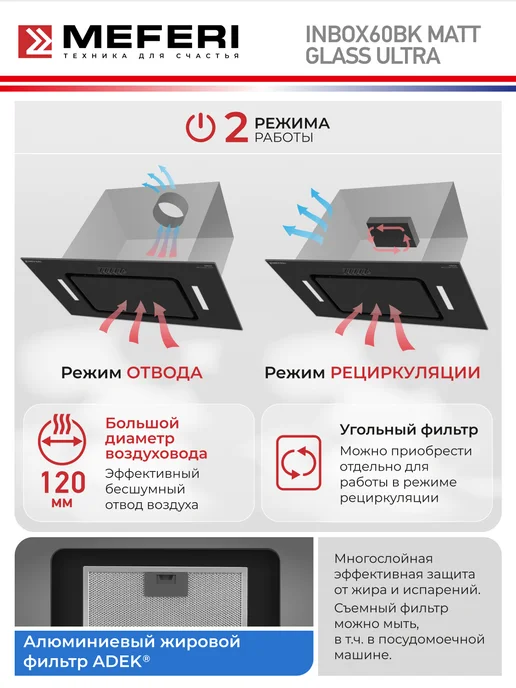 Meferi Вытяжка кухонная INBOX60BK POWER 60 см встраиваемая, черная, серый, фото 4