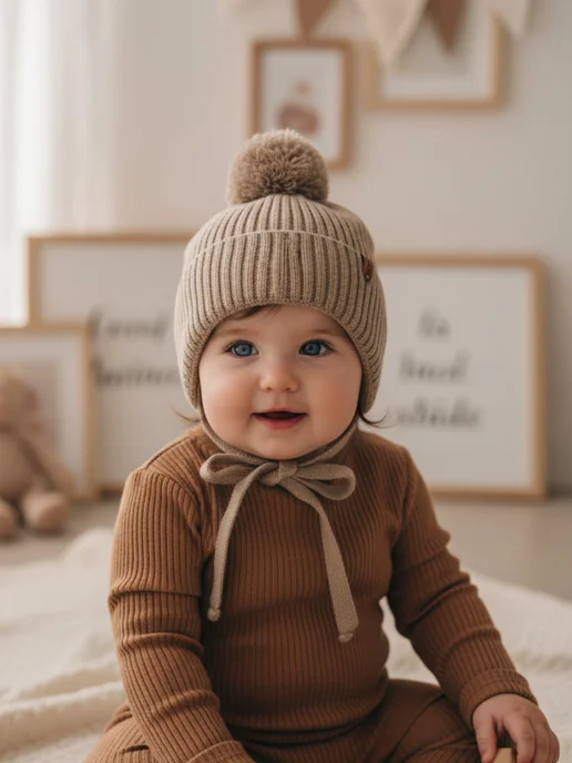 KIPSIBABY Шапка для новорожденного вязаная осенняя тёплая с подкладкой, коричневый, фото 2