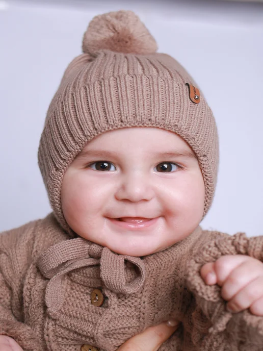 KIPSIBABY Шапка для новорожденного вязаная осенняя тёплая с подкладкой, коричневый, фото 4