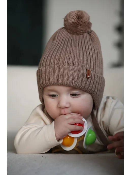 KIPSIBABY Шапка для новорожденного вязаная осенняя тёплая с подкладкой, коричневый, фото 5