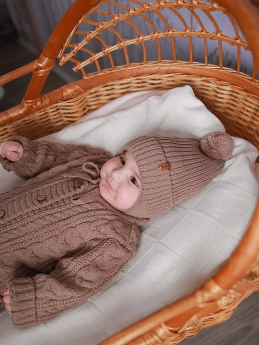 KIPSIBABY Шапка для новорожденного вязаная осенняя тёплая с подкладкой, коричневый, фото 6